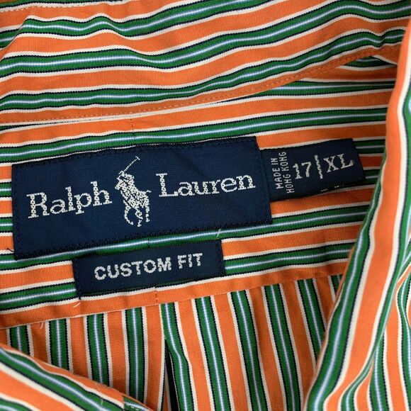 Ralph Lauren Custom Fit Shirt Mens XL Extra Large Green/Orange Striped Cotton - Picture 5 of 8